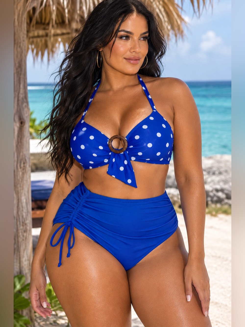 VENUS Royal Blue Polka Dot Bikini with Brown Ring Accent size 4